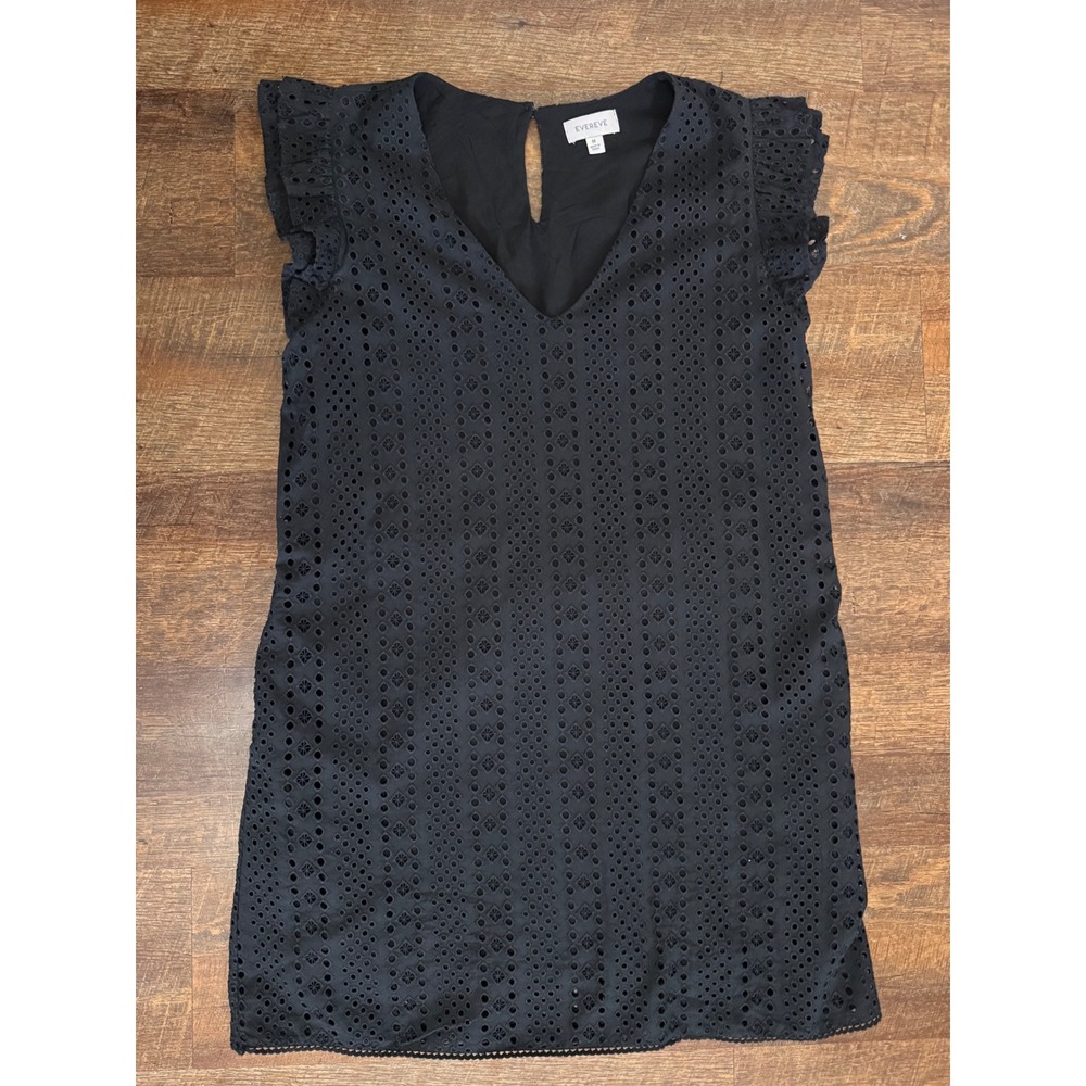 EverEve Black Eyelet Dress Medium Ruffle Sleeve Lined Shift Mini Dress